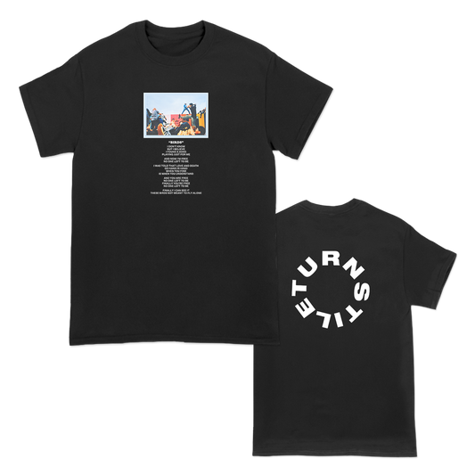 Turnstile's "Live Birds" design, printed on the front and back of a black tee with a custom printed tag.
