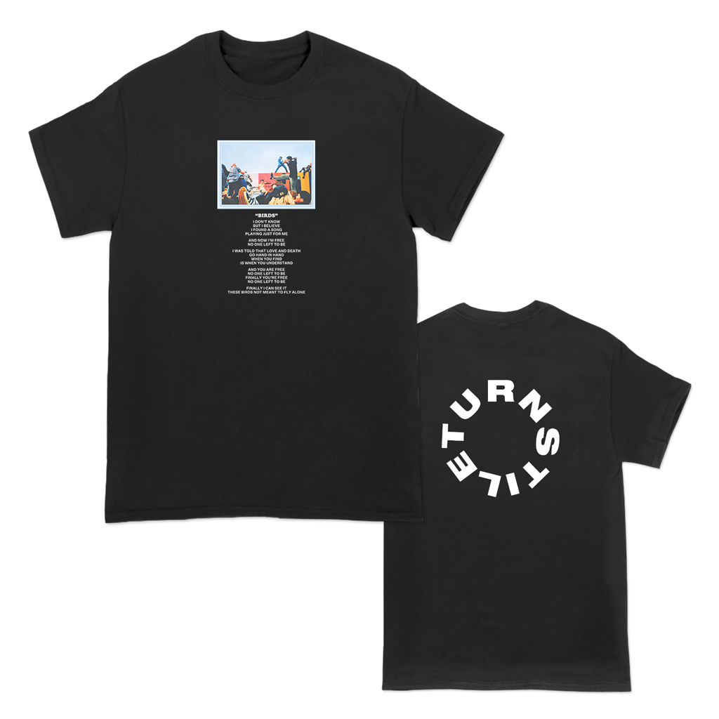 Turnstile's "Live Birds" design, printed on the front and back of a black tee with a custom printed tag.