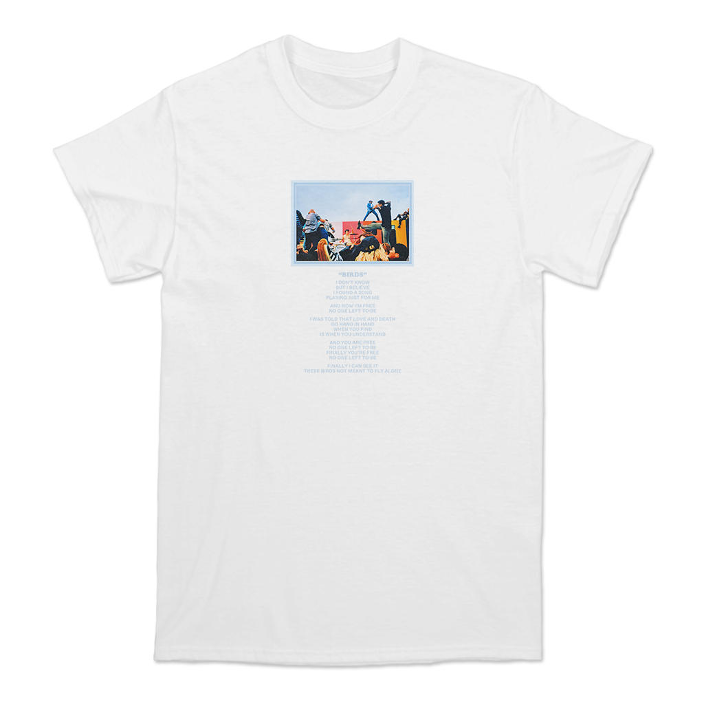 Turnstile's "Live Birds" design, printed on the front and back of a white tee with a custom printed tag.