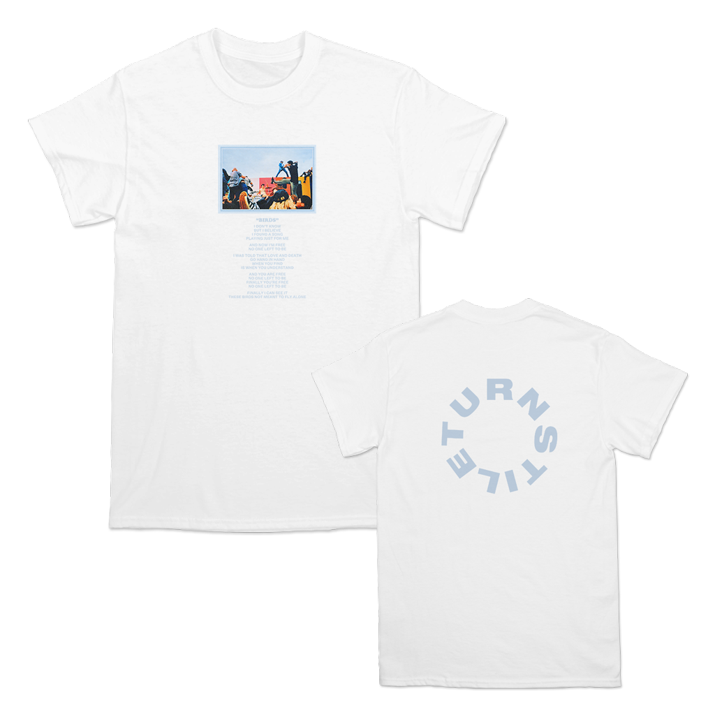 Turnstile's "Live Birds" design, printed on the front and back of a white tee with a custom printed tag.