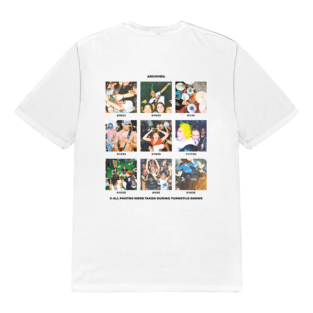 Turnstile's "Archives" design, printed on the front and back of a white tee with a custom woven tag.