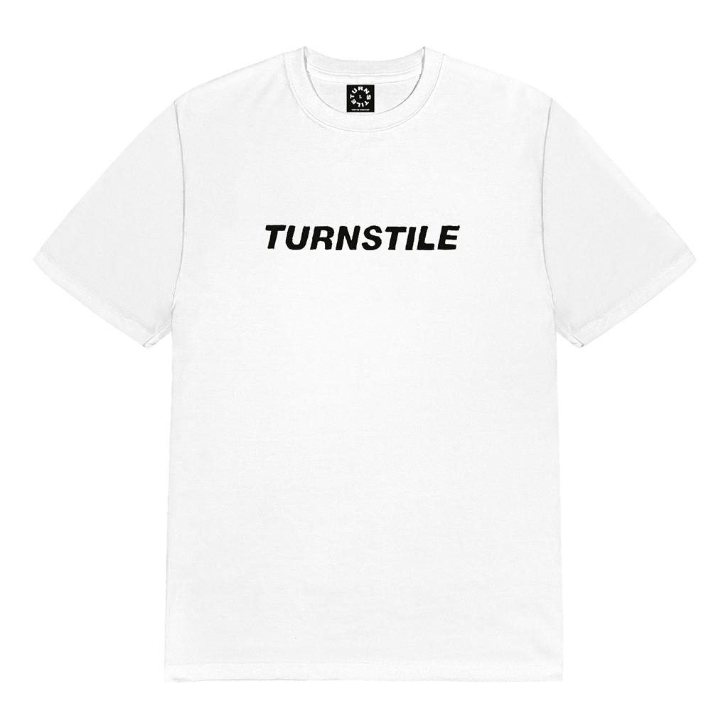 Turnstile's "Archives" design, printed on the front and back of a white tee with a custom woven tag.
