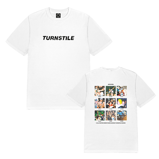 Turnstile's "Archives" design, printed on the front and back of a white tee with a custom woven tag.
