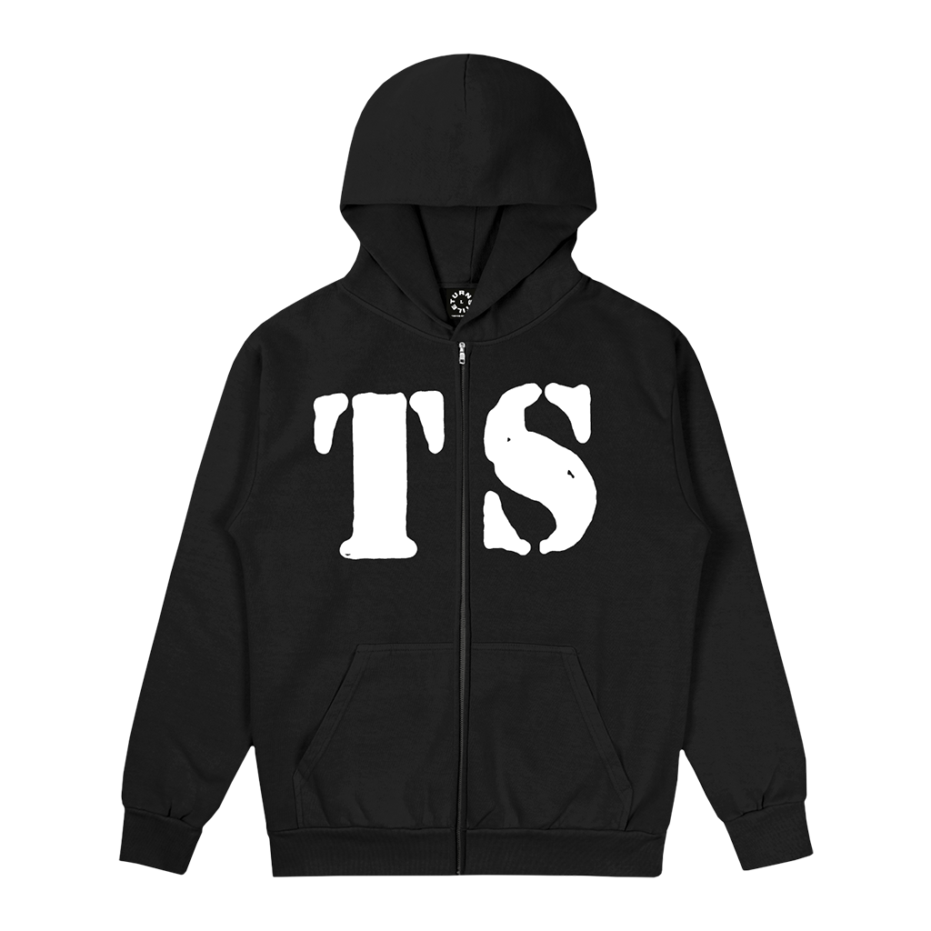 Turnstile's "Rainbow" design, printed on the front and back of a black zip up with a custom woven tag.