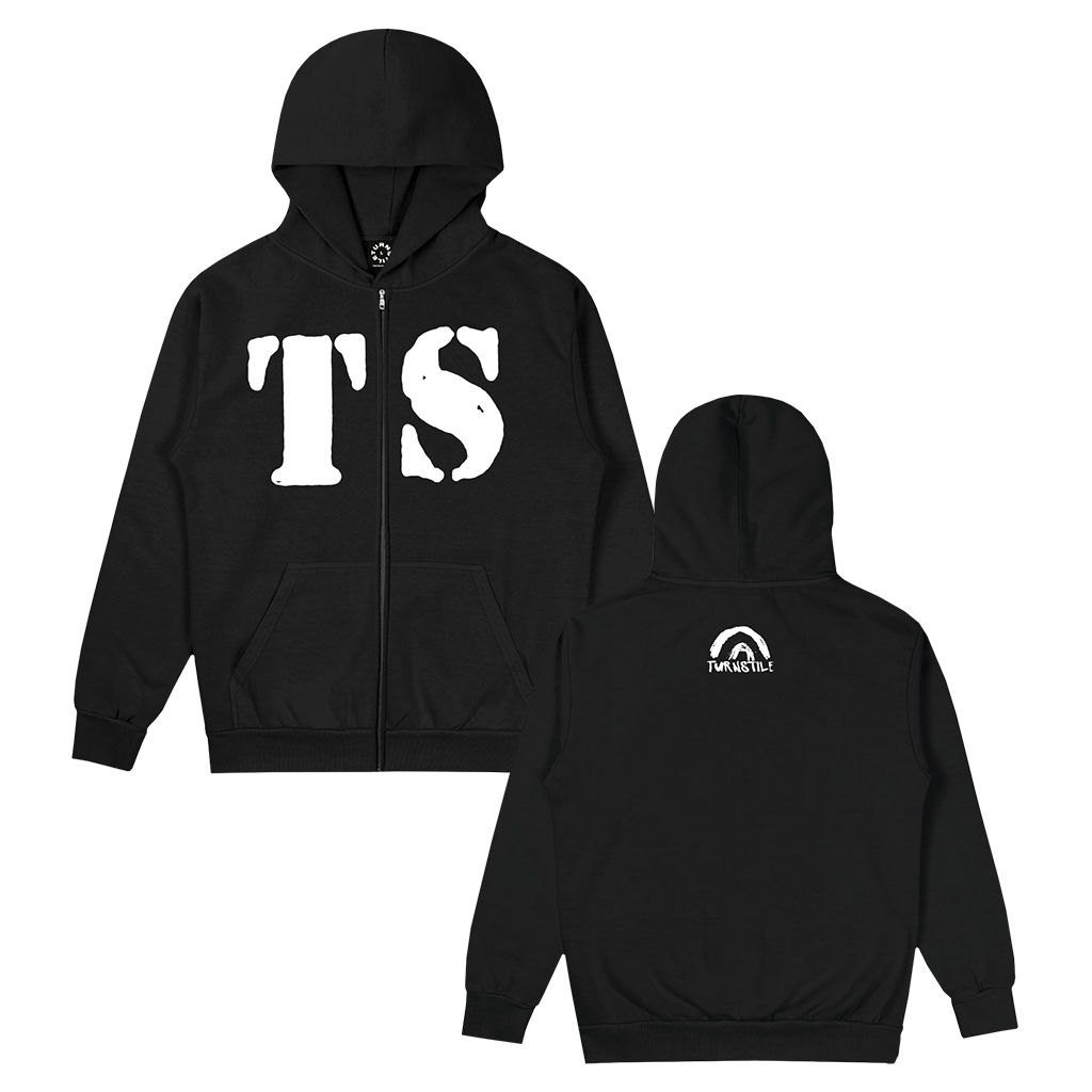 Turnstile's "Rainbow" design, printed on the front and back of a black zip up with a custom woven tag.