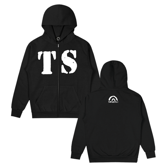 Turnstile's "Rainbow" design, printed on the front and back of a black zip up with a custom woven tag.