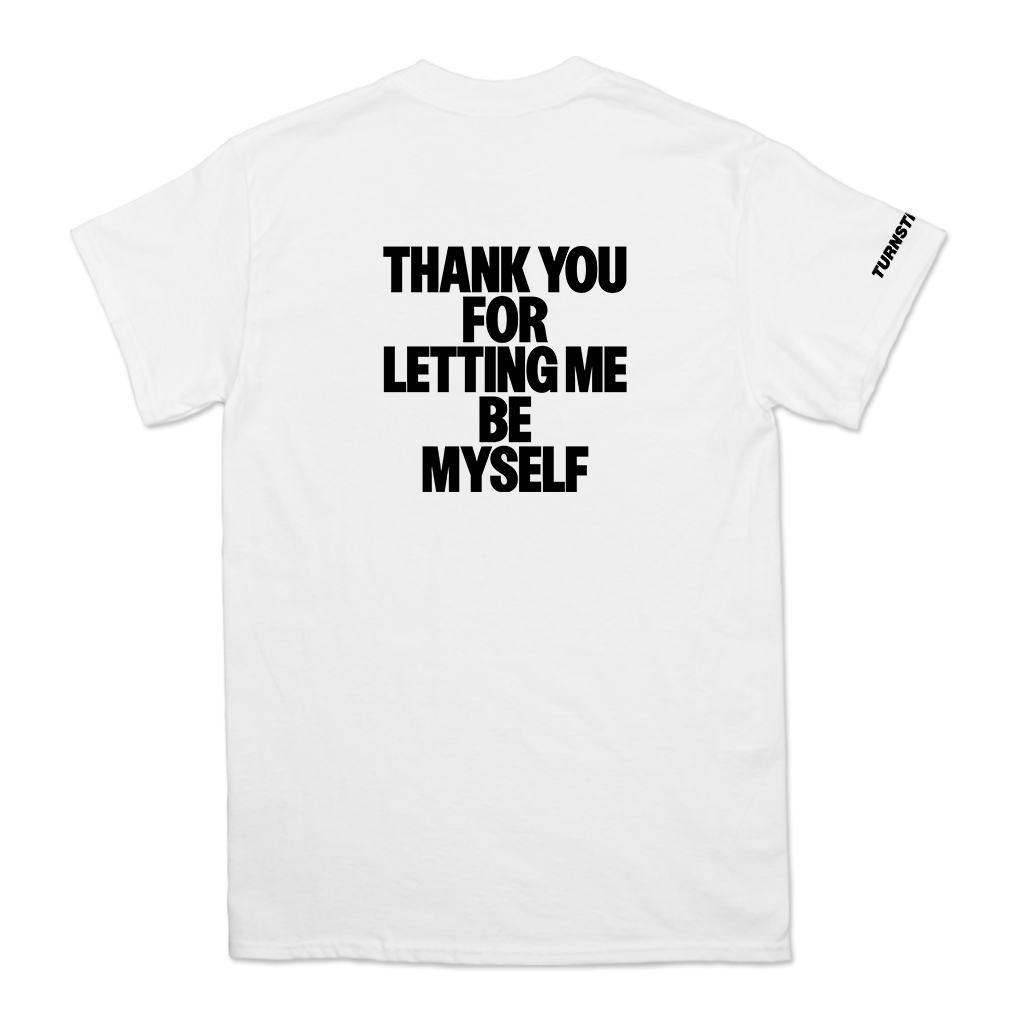 Turnstile's "THANK YOU" tour design, printed on the front, back, and right sleeve of a white cotton tee shirt.