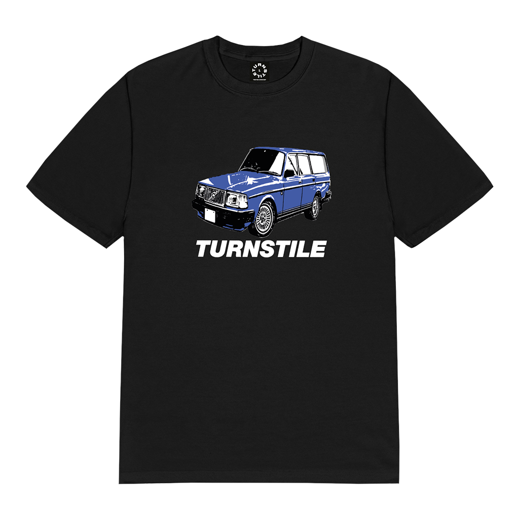 Turnstile's "Volvo" design, printed on the front of a black tee with a custom woven tag.
