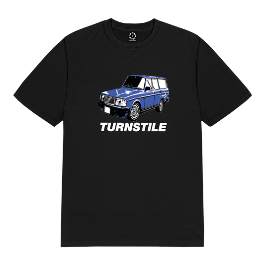 Turnstile's "Volvo" design, printed on the front of a black tee with a custom woven tag.